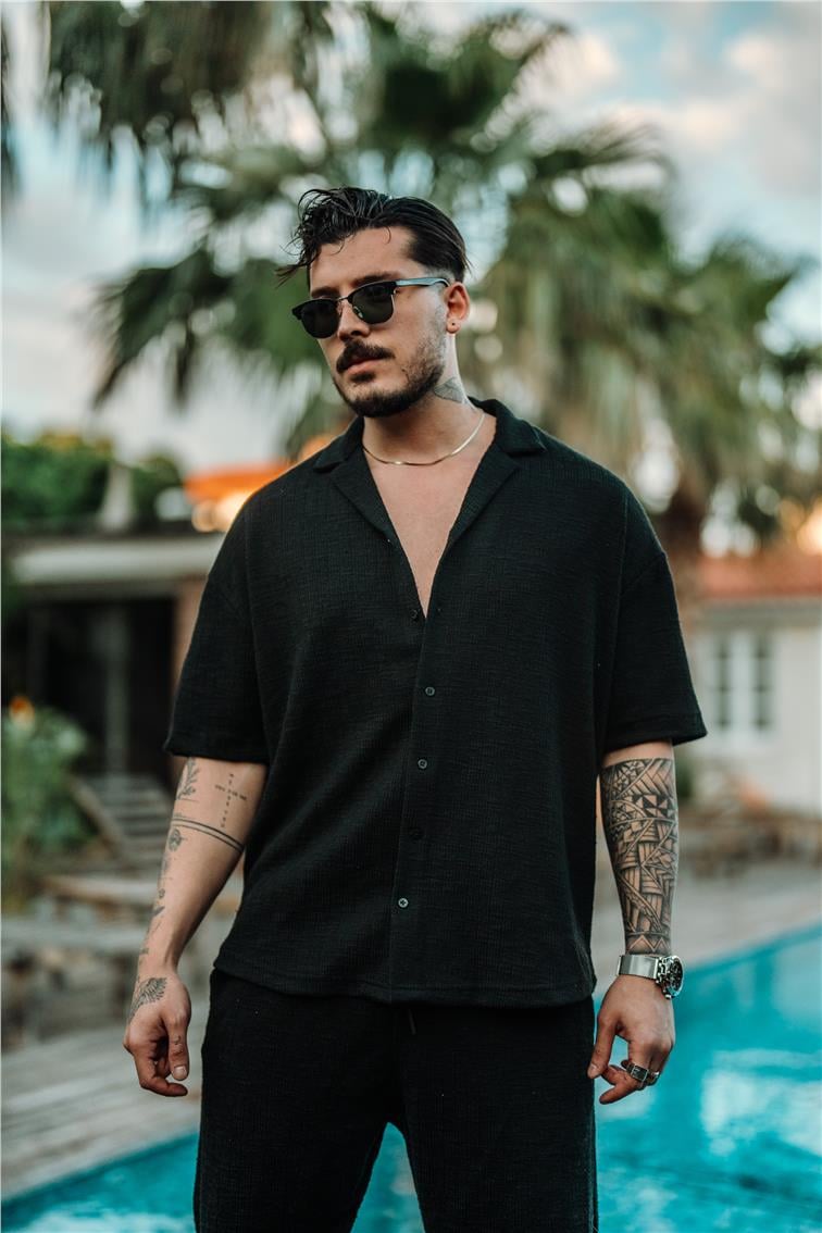 Waffle Oversize Gömlek Siyah
