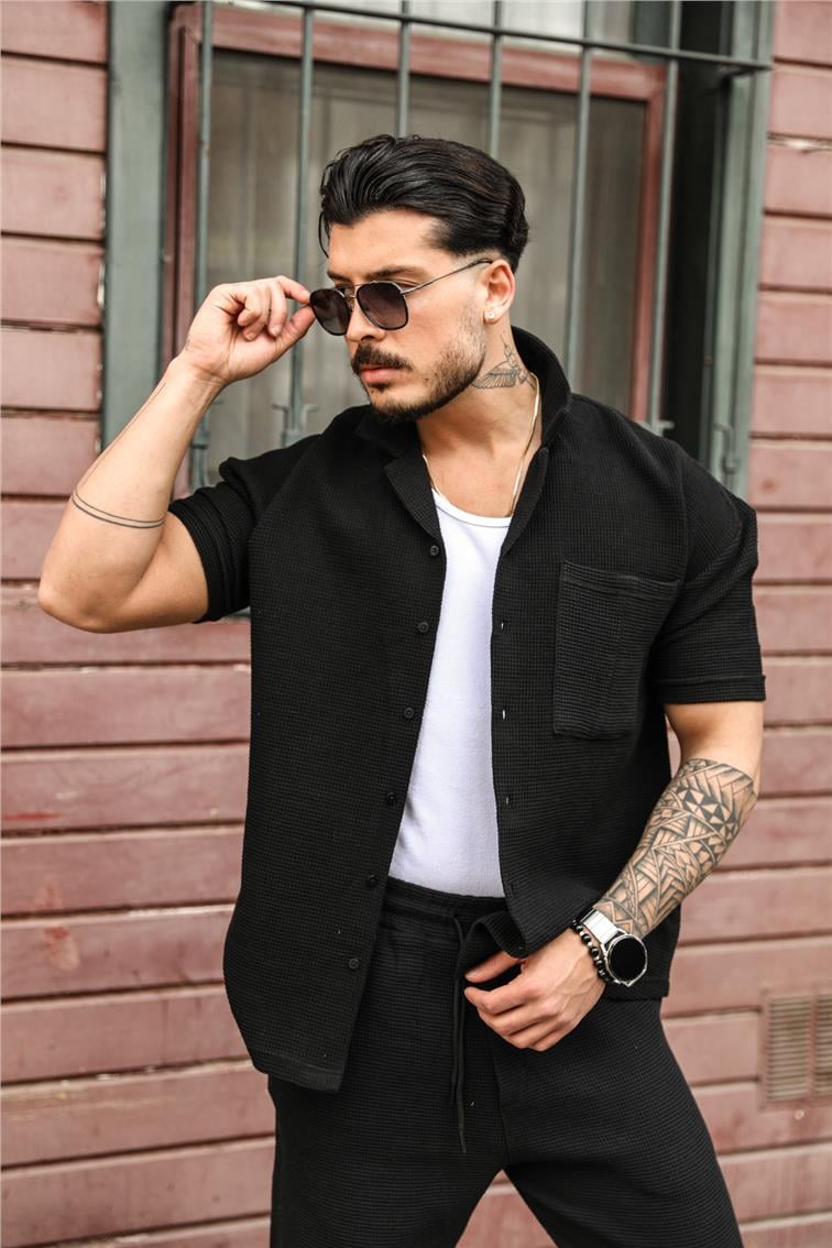 Waffle Oversize Gömlek Siyah
