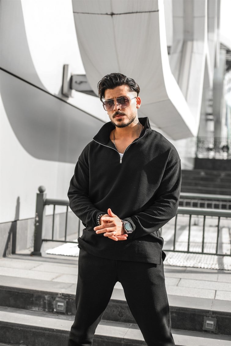 Waffle Yarım Fermuarlı Oversize Sweatshirt