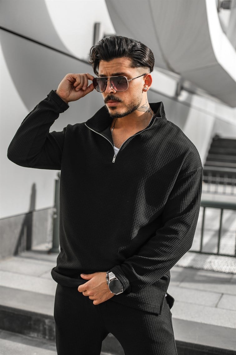 Waffle Yarım Fermuarlı Oversize Sweatshirt