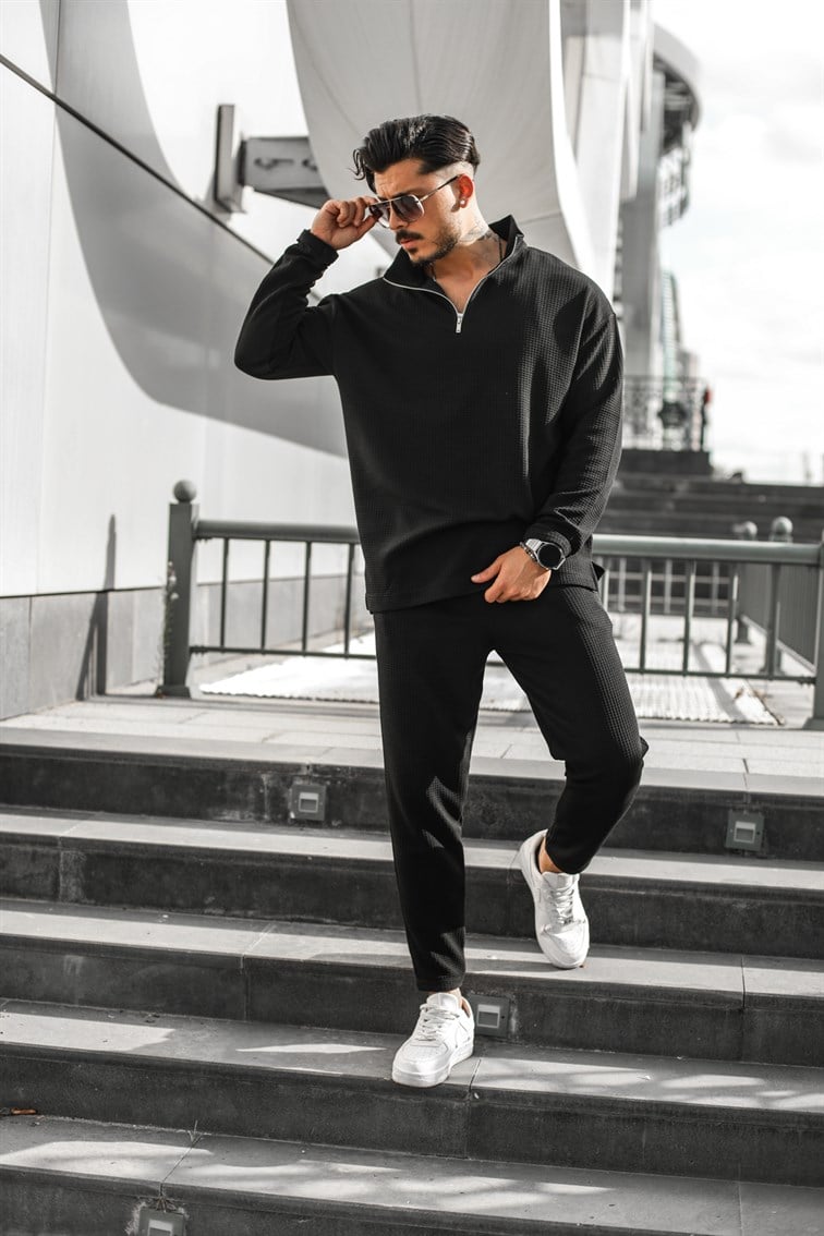 Waffle Yarım Fermuarlı Oversize Sweatshirt