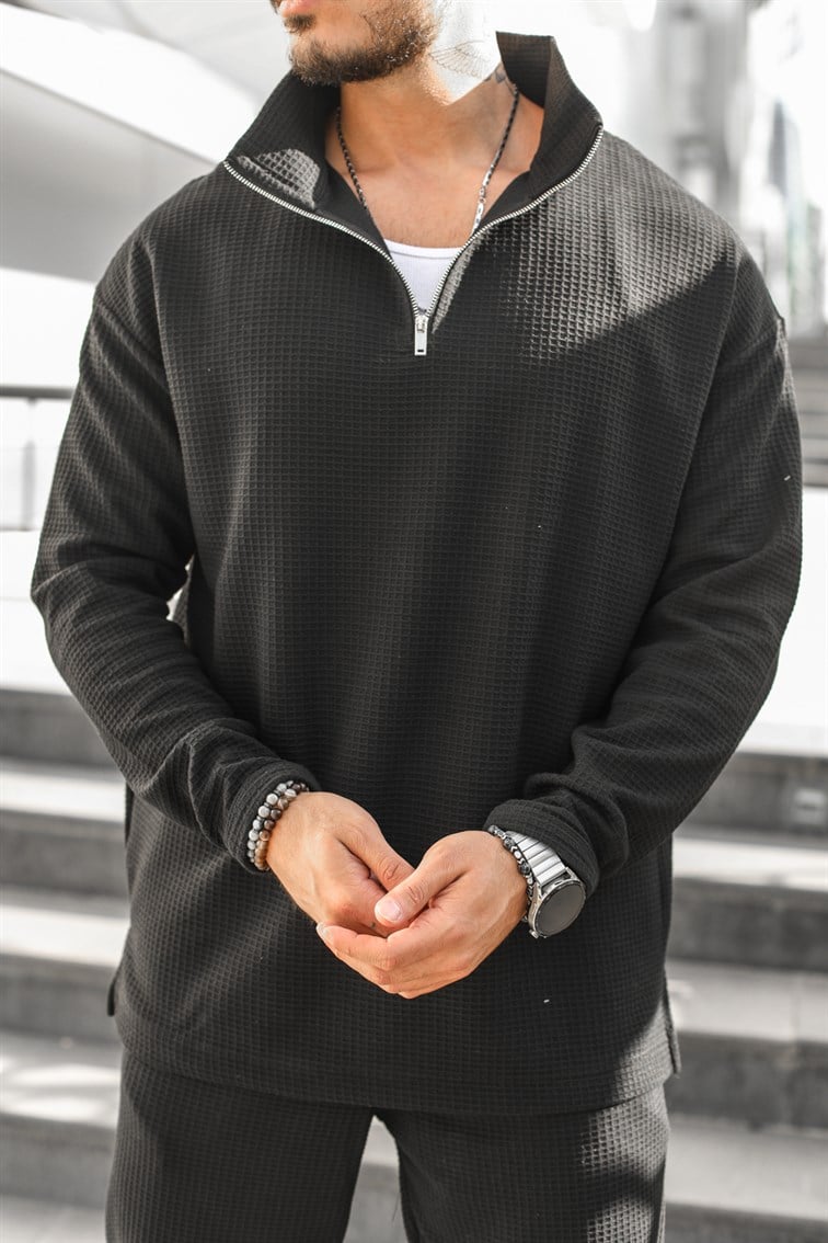 Waffle Yarım Fermuarlı Oversize Sweatshirt
