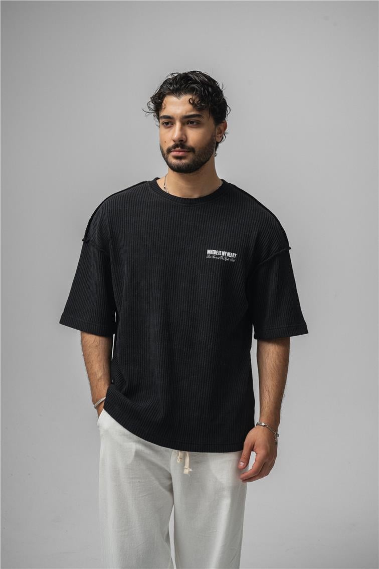 WHERE IS MY HEART Oversize T-Shirt Siyah