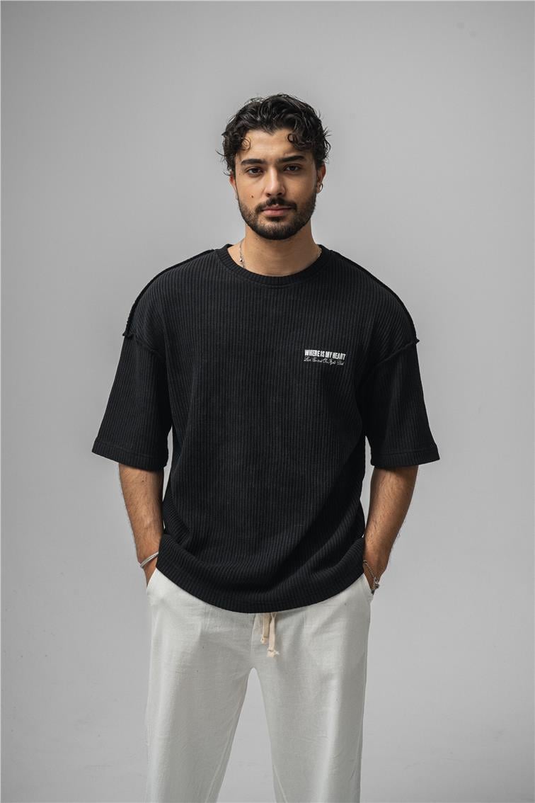 WHERE IS MY HEART Oversize T-Shirt Siyah