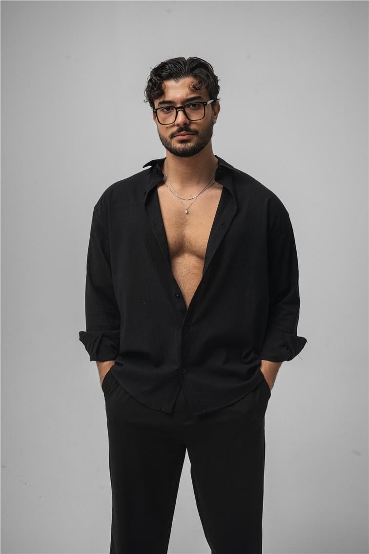 Wrinkled Linen Oversize Gömlek Siyah
