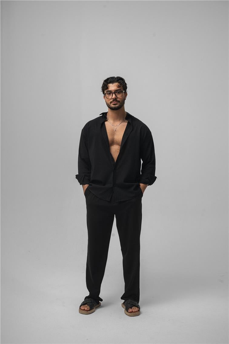 Wrinkled Linen Oversize Gömlek Siyah