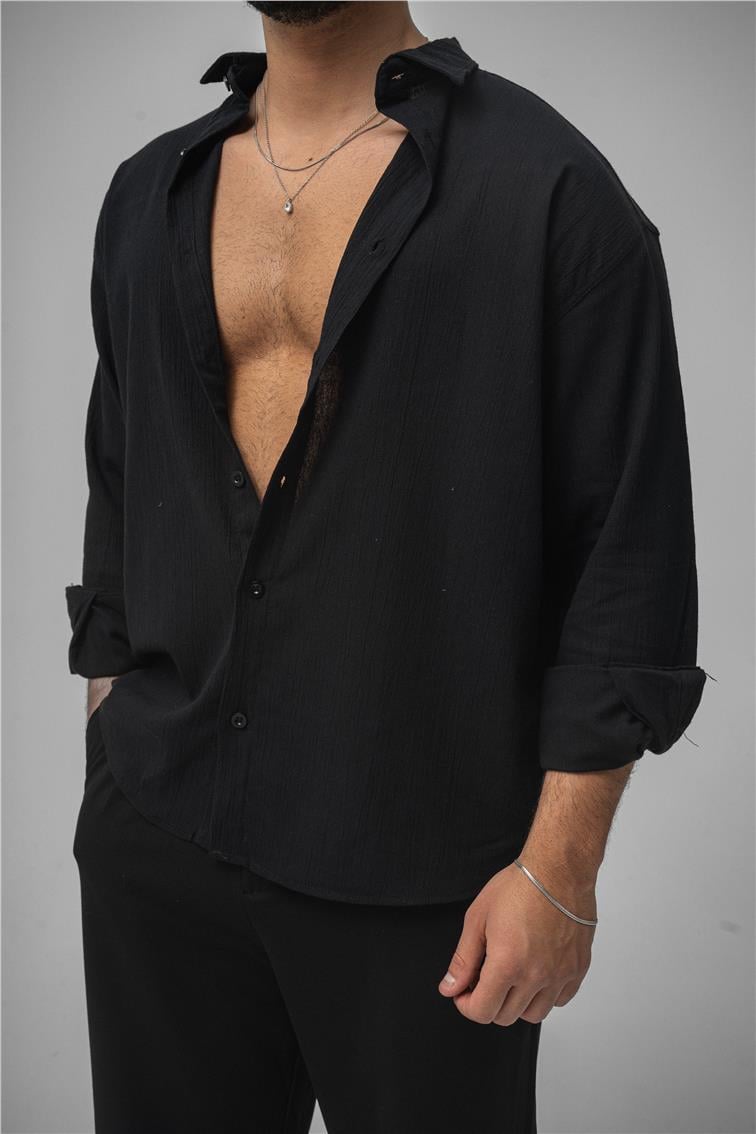 Wrinkled Linen Oversize Gömlek Siyah