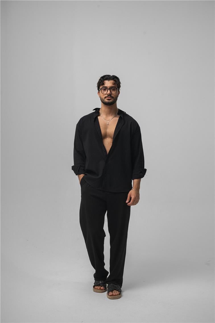 Wrinkled Linen Oversize Gömlek Siyah