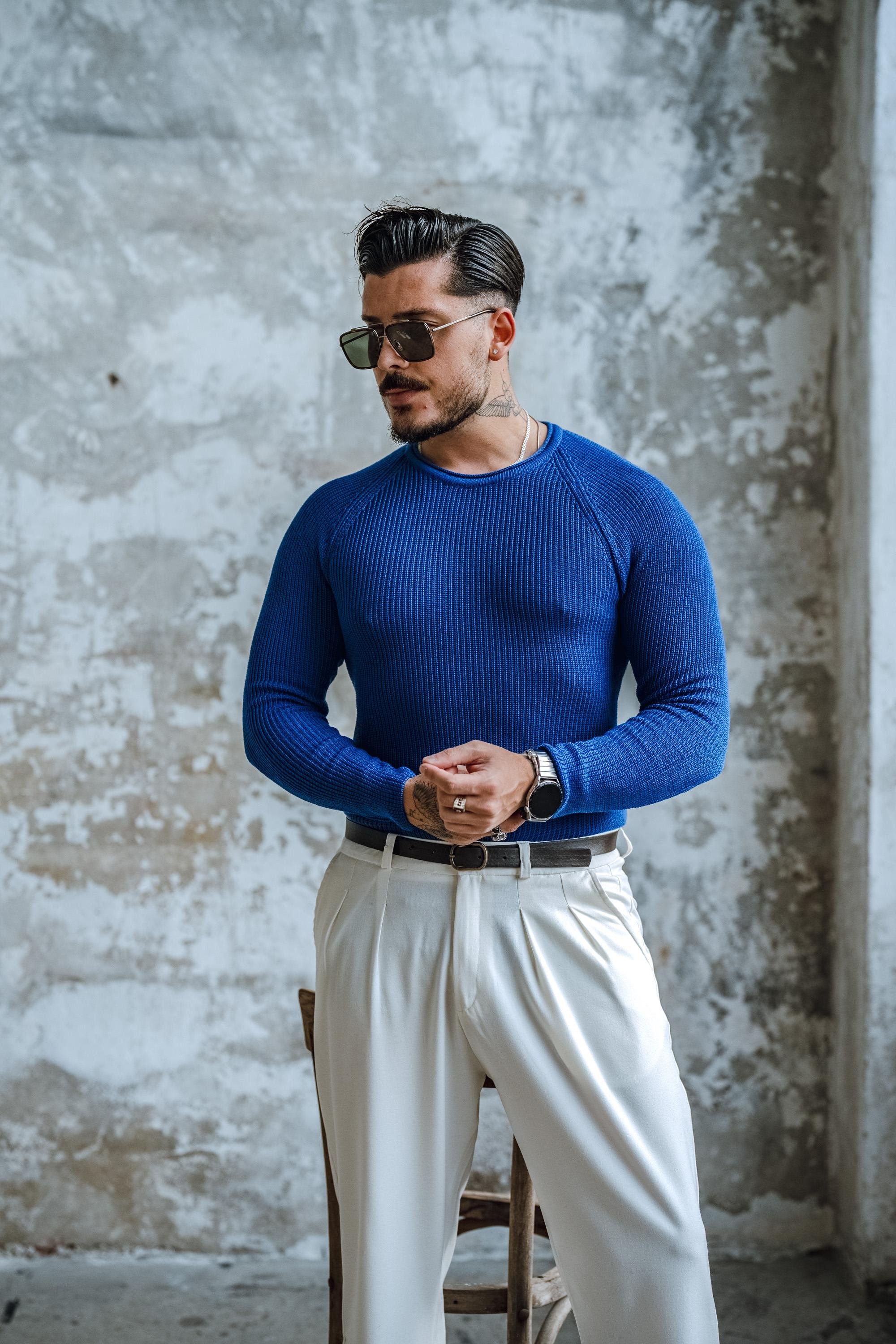 Yaka Detay Slim Örgülü Kazak Saks