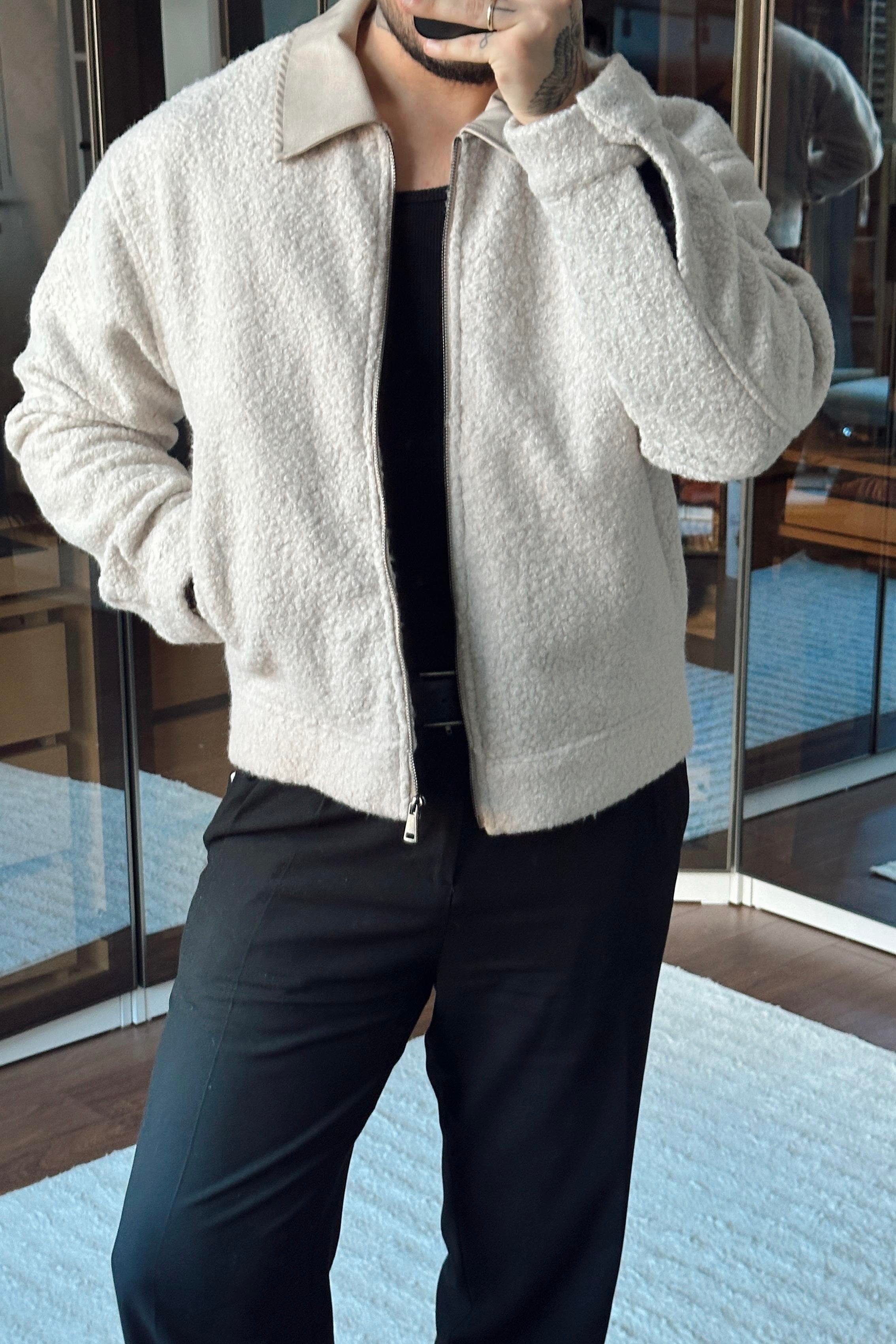 Yaka Detay Yün Görünümlü Bol Ceket Krem