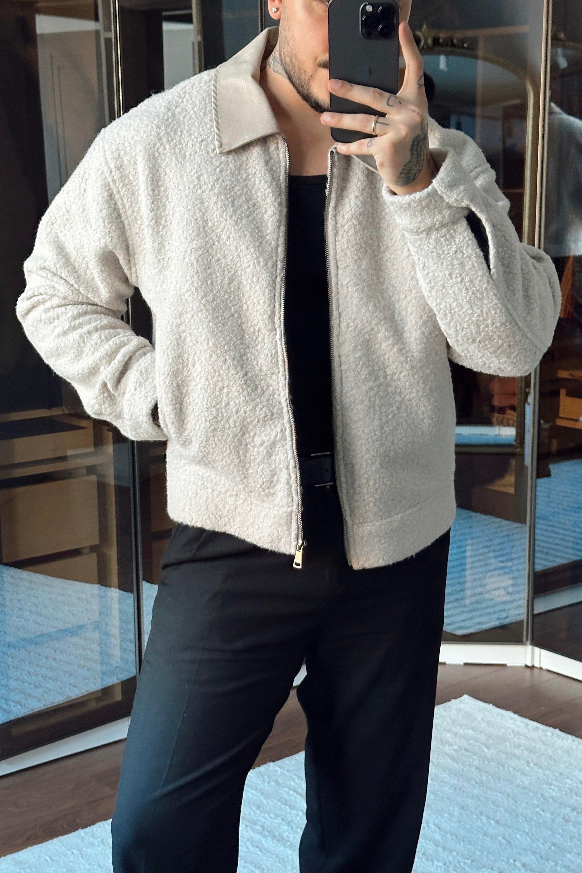 Yaka Detay Yün Görünümlü Bol Ceket Krem