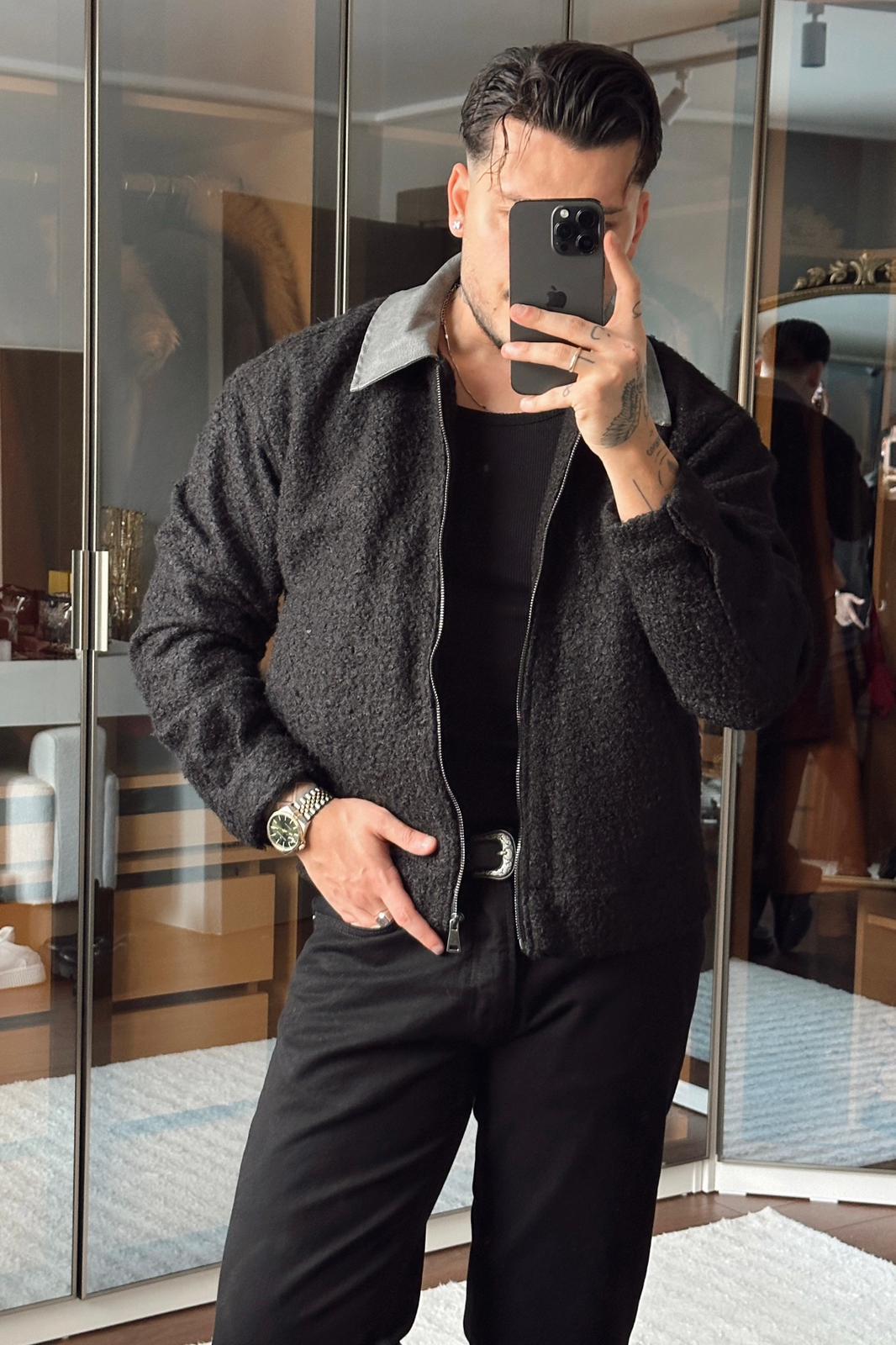 Yaka Detay Yün Görünümlü Bol Ceket Siyah