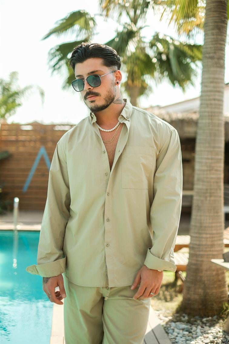 Yaka Düğmeli Basic Oversize Gömlek Mint