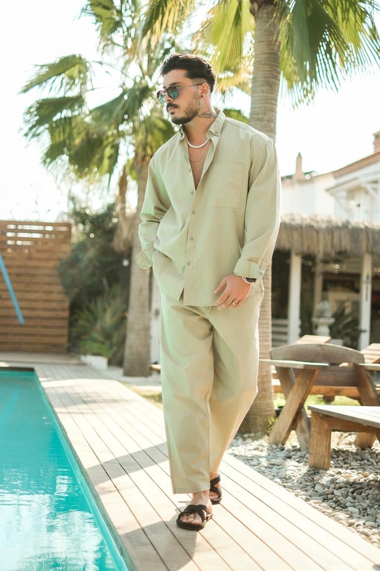 Yaka Düğmeli Basic Oversize Gömlek Mint