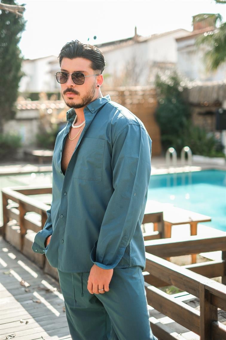 Yaka Düğmeli Basic Oversize Gömlek Petrol Mavisi
