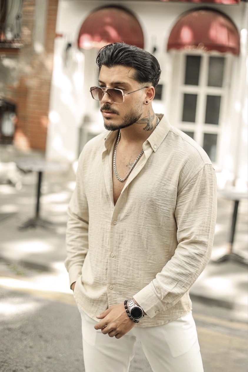 Yaka Düğmeli Basic Regular Fit Gömlek Krem