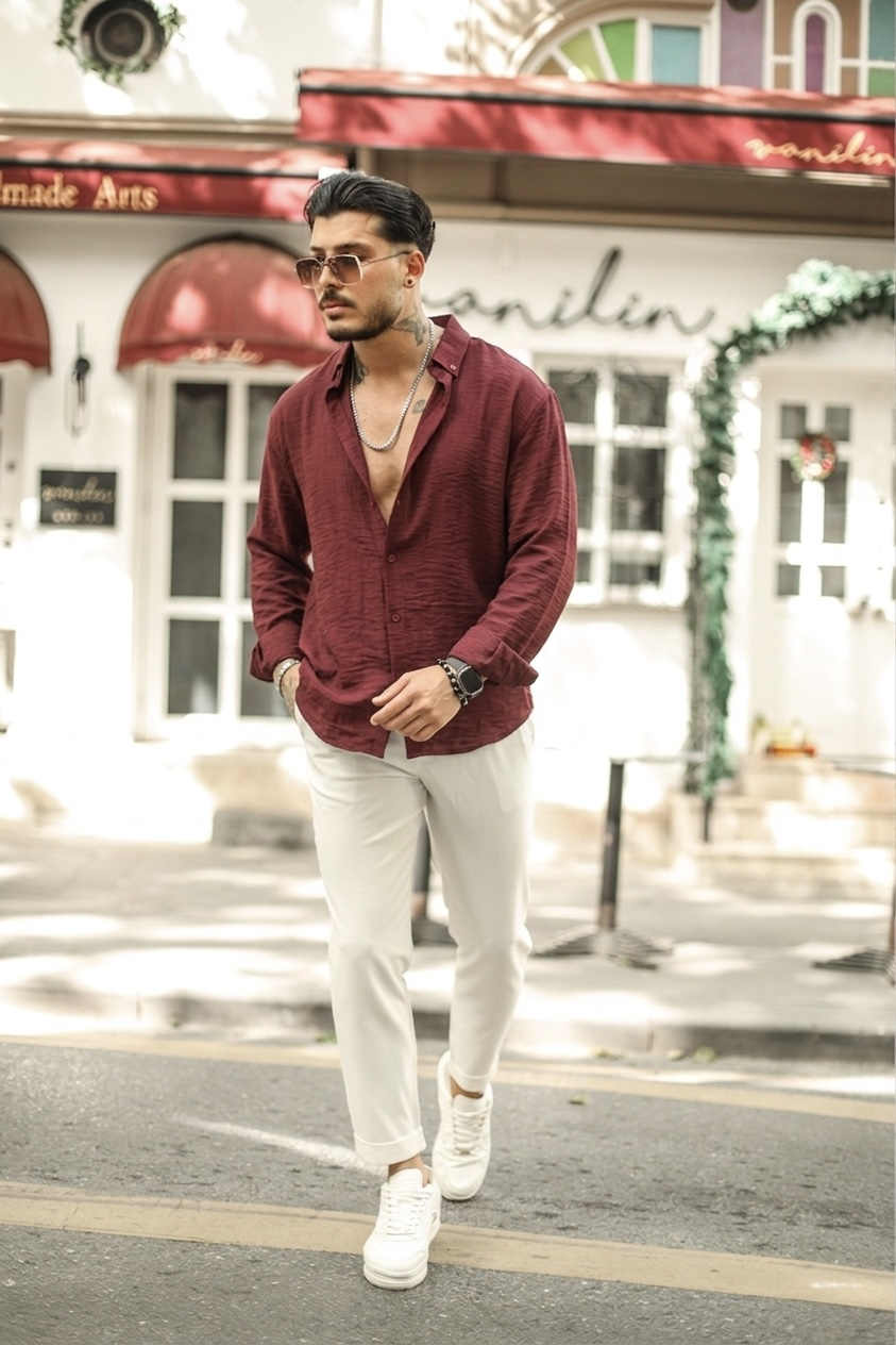Yaka Düğmeli Basic Regular Fit Gömlek Bordo
