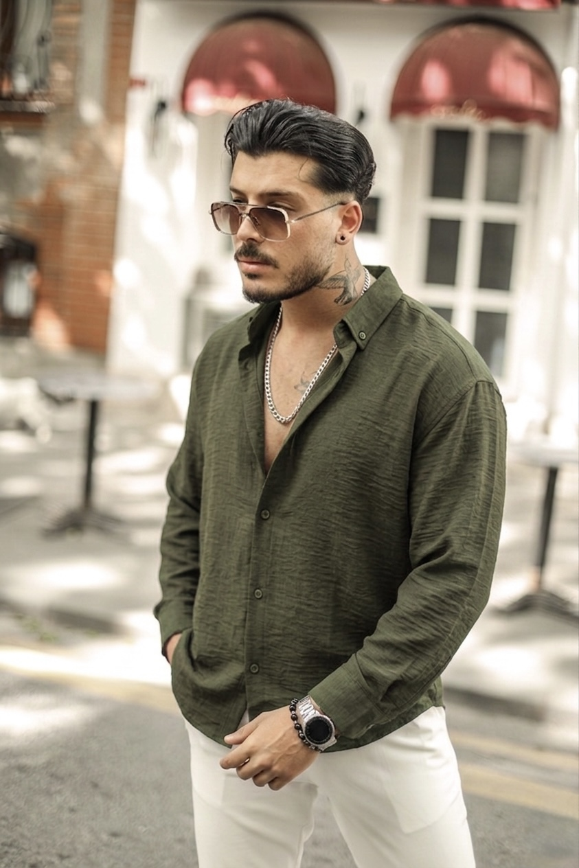 Yaka Düğmeli Basic Regular Fit Gömlek Haki
