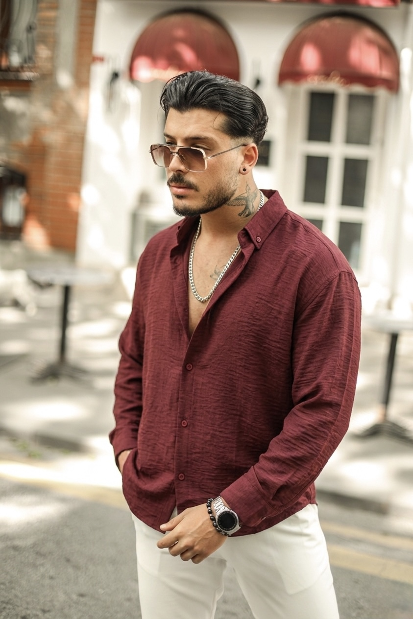 Yaka Düğmeli Basic Regular Fit Gömlek Bordo