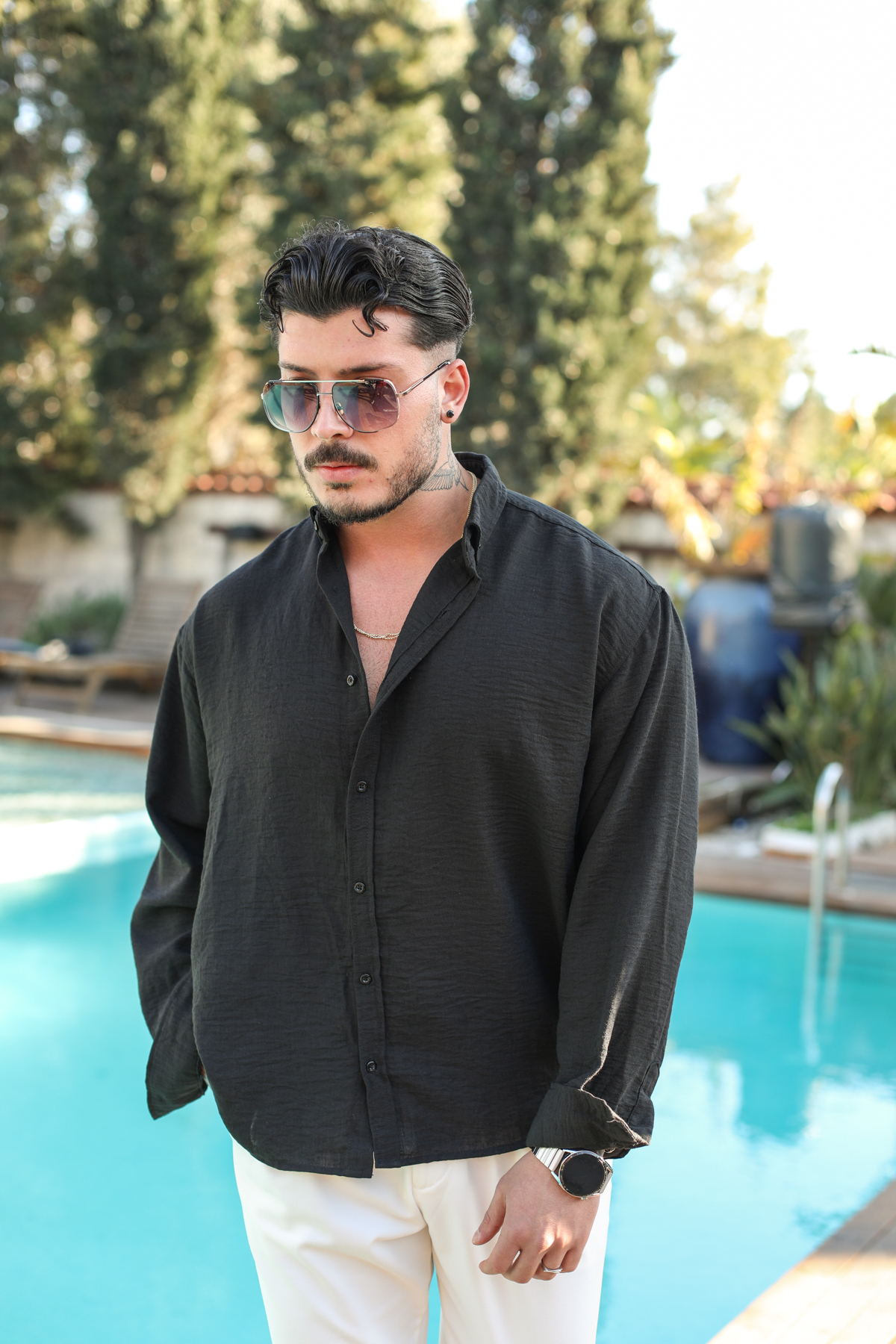 Yaka Düğmeli Basic Regular Fit Gömlek Siyah