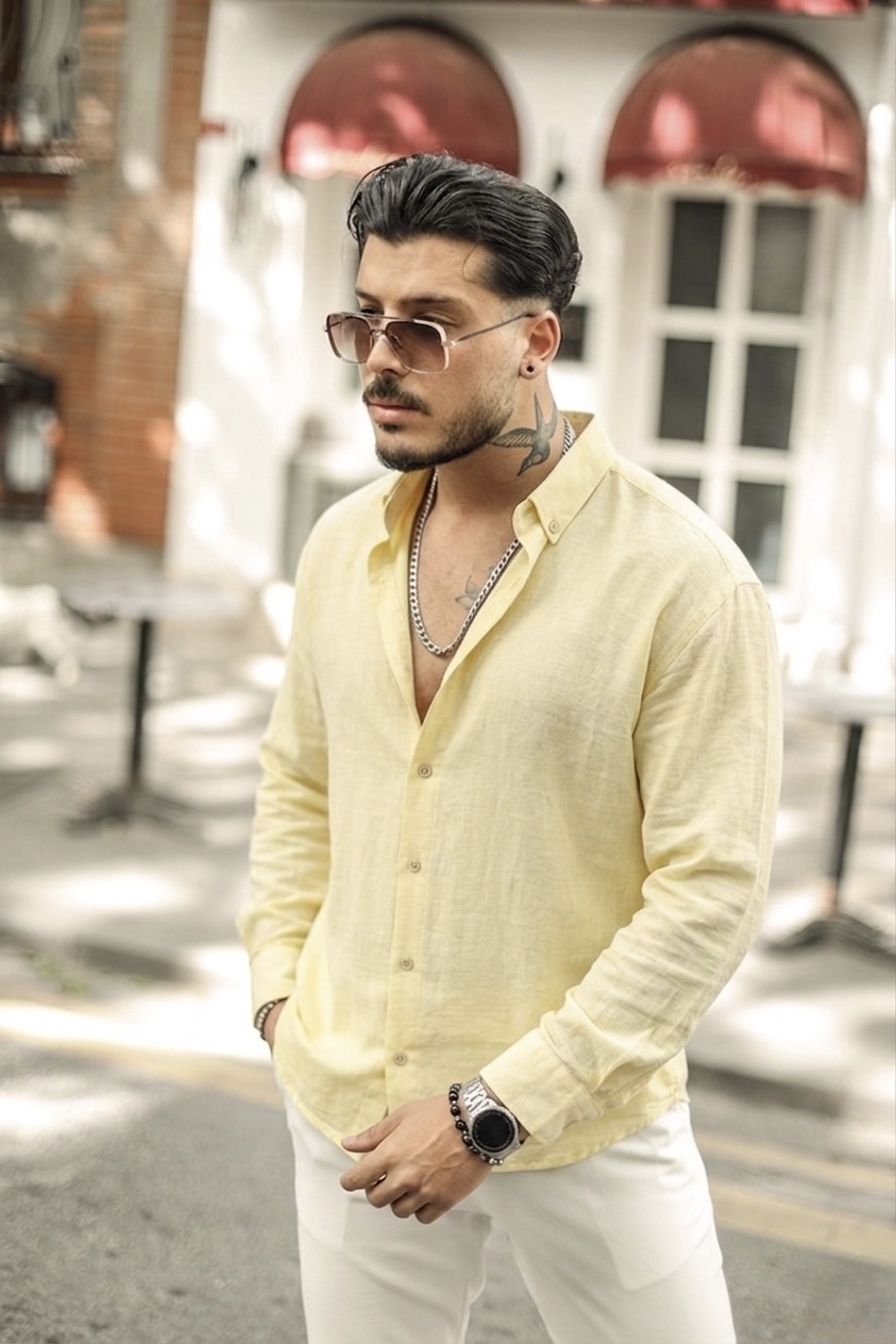 Yaka Düğmeli Basic Regular Fit Gömlek Sarı