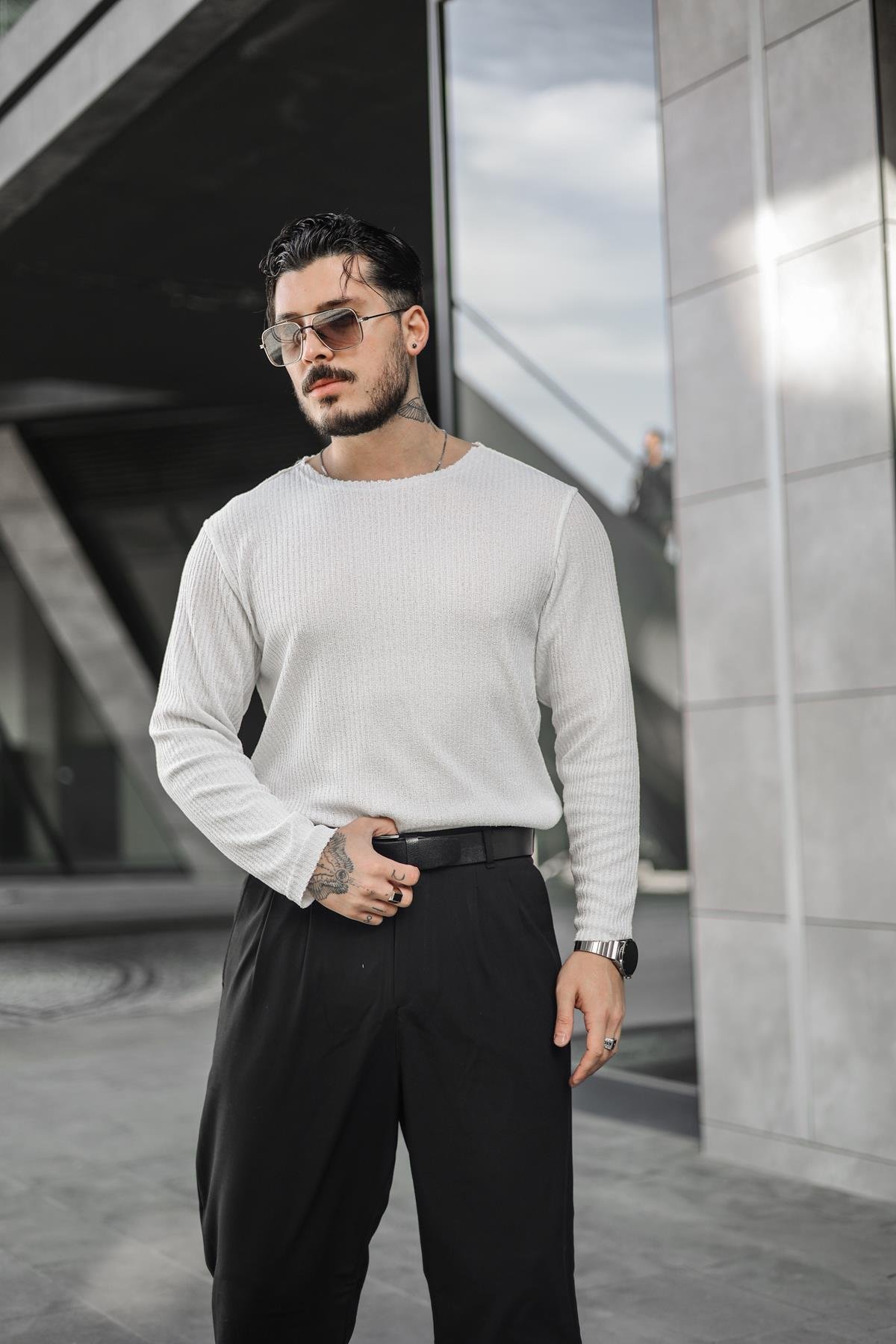 Yakasız Fitilli  Oversize Kazak Beyaz