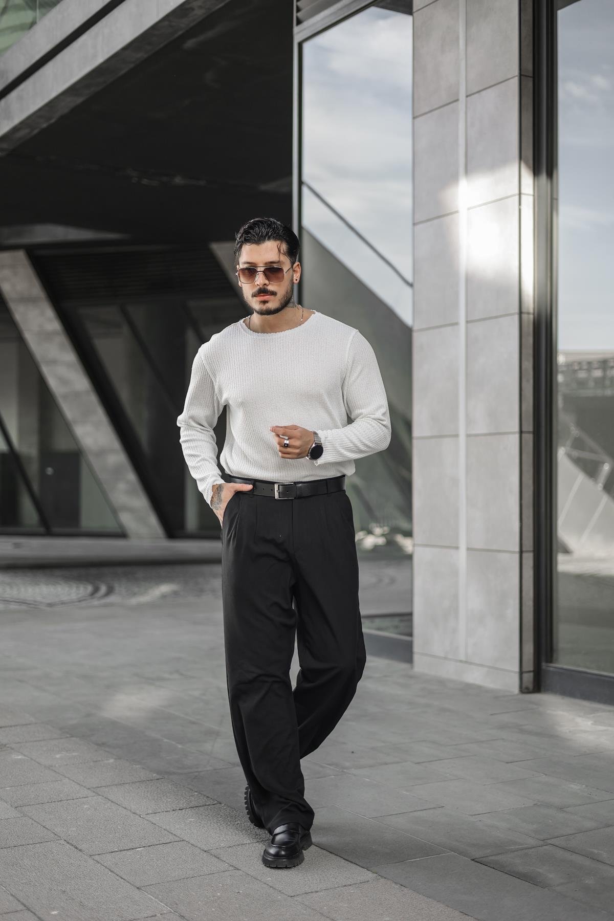 Yakasız Fitilli  Oversize Kazak Beyaz