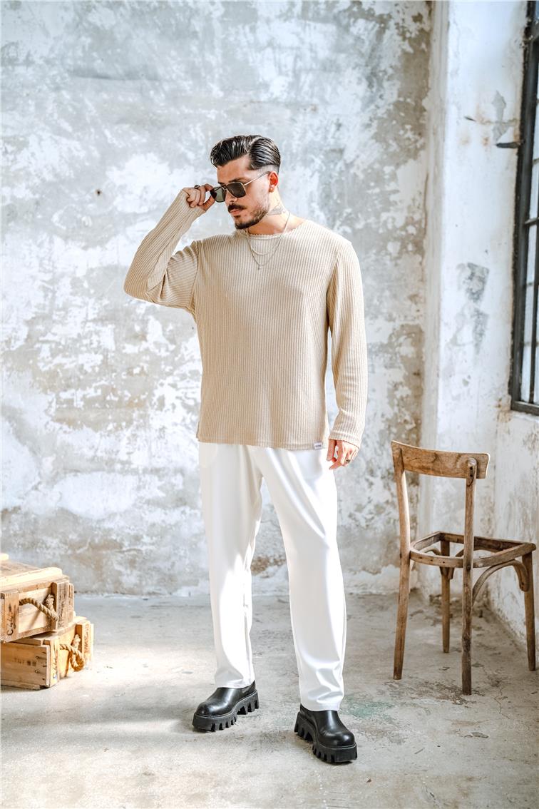 Yakasız Fitilli  Oversize Kazak Krem