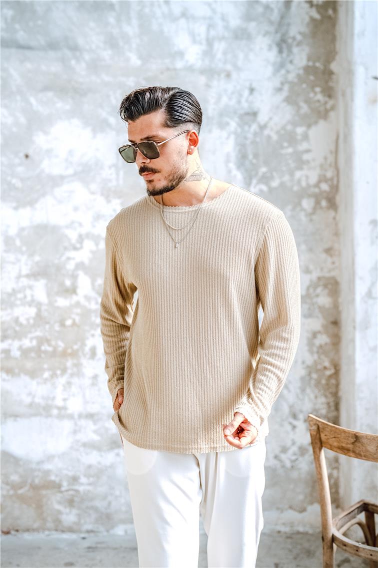 Yakasız Fitilli  Oversize Kazak Krem
