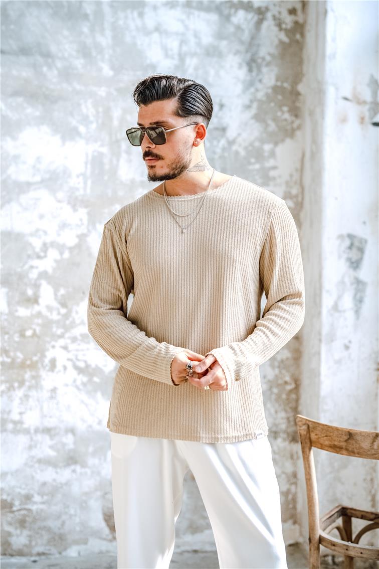 Yakasız Fitilli  Oversize Kazak Krem