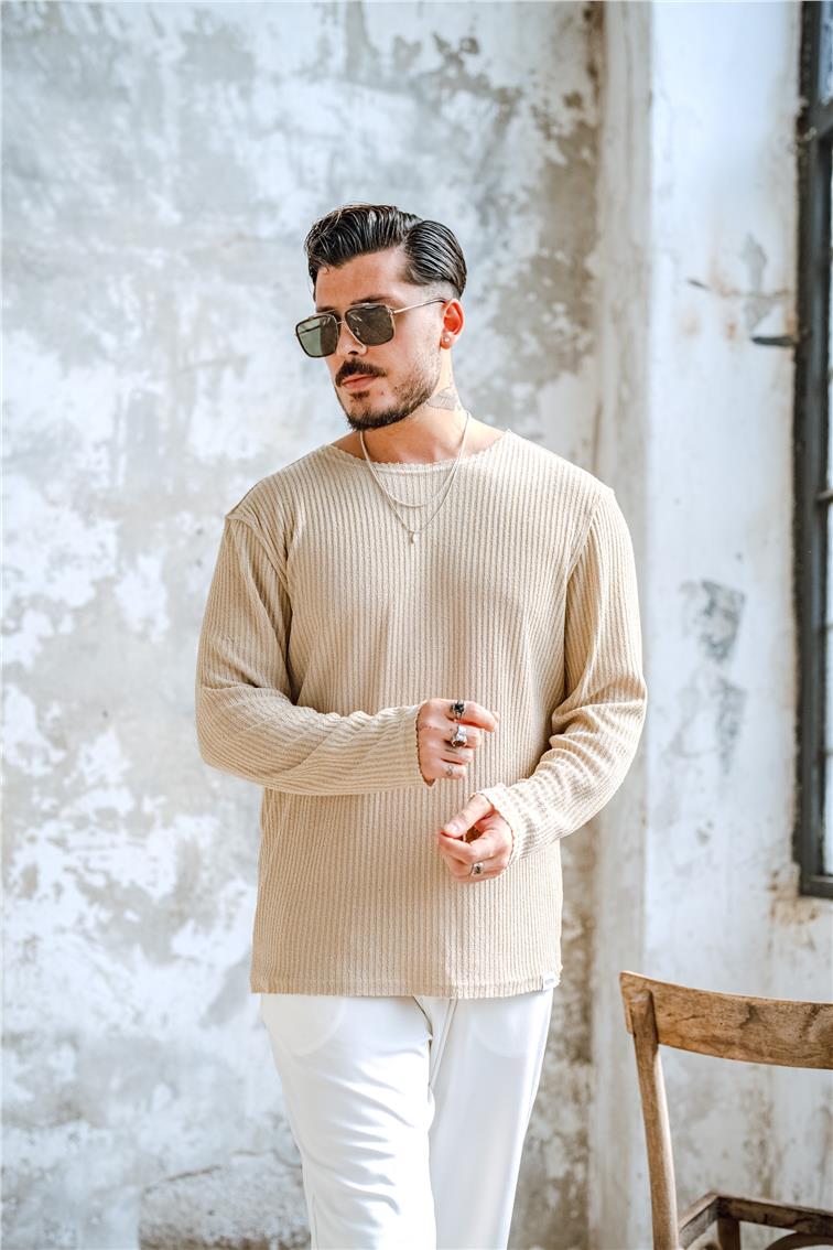 Yakasız Fitilli  Oversize Kazak Krem
