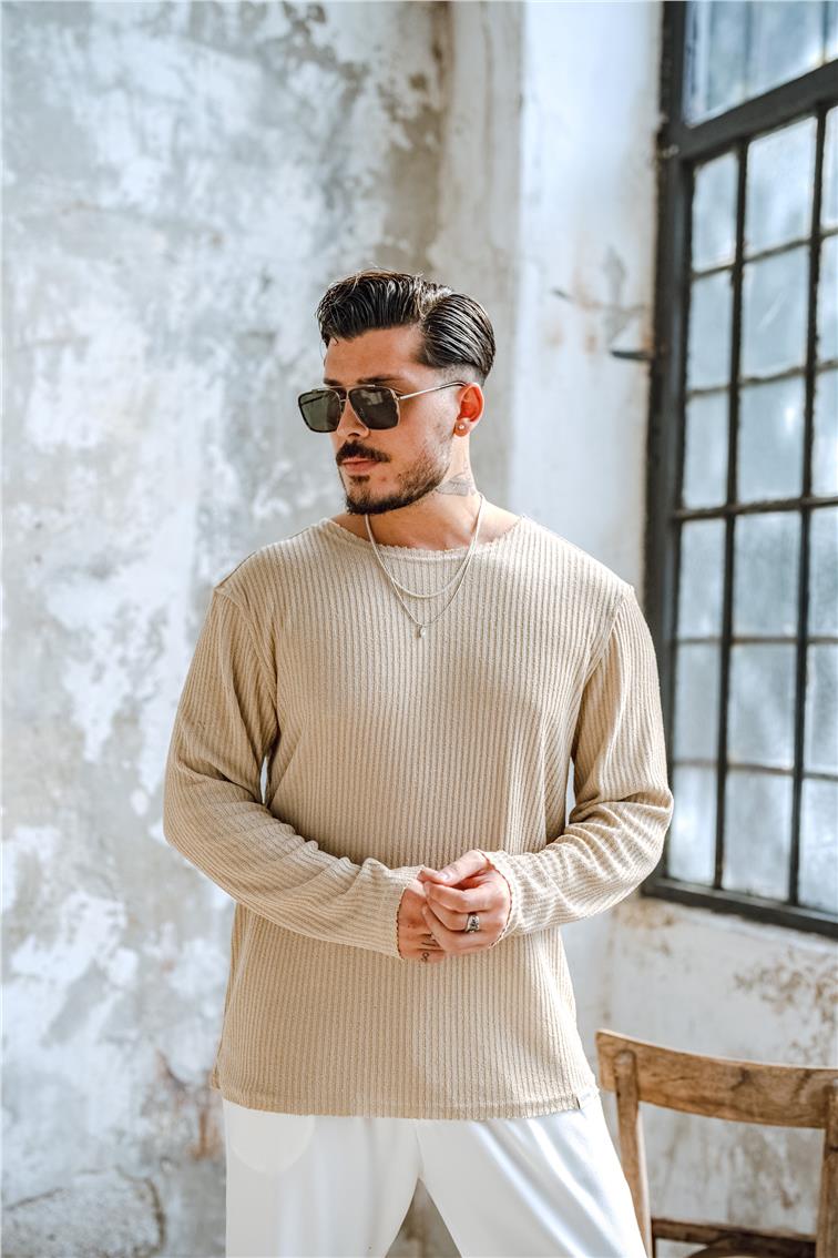 Yakasız Fitilli  Oversize Kazak Krem