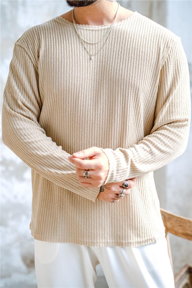Yakasız Fitilli  Oversize Kazak Krem