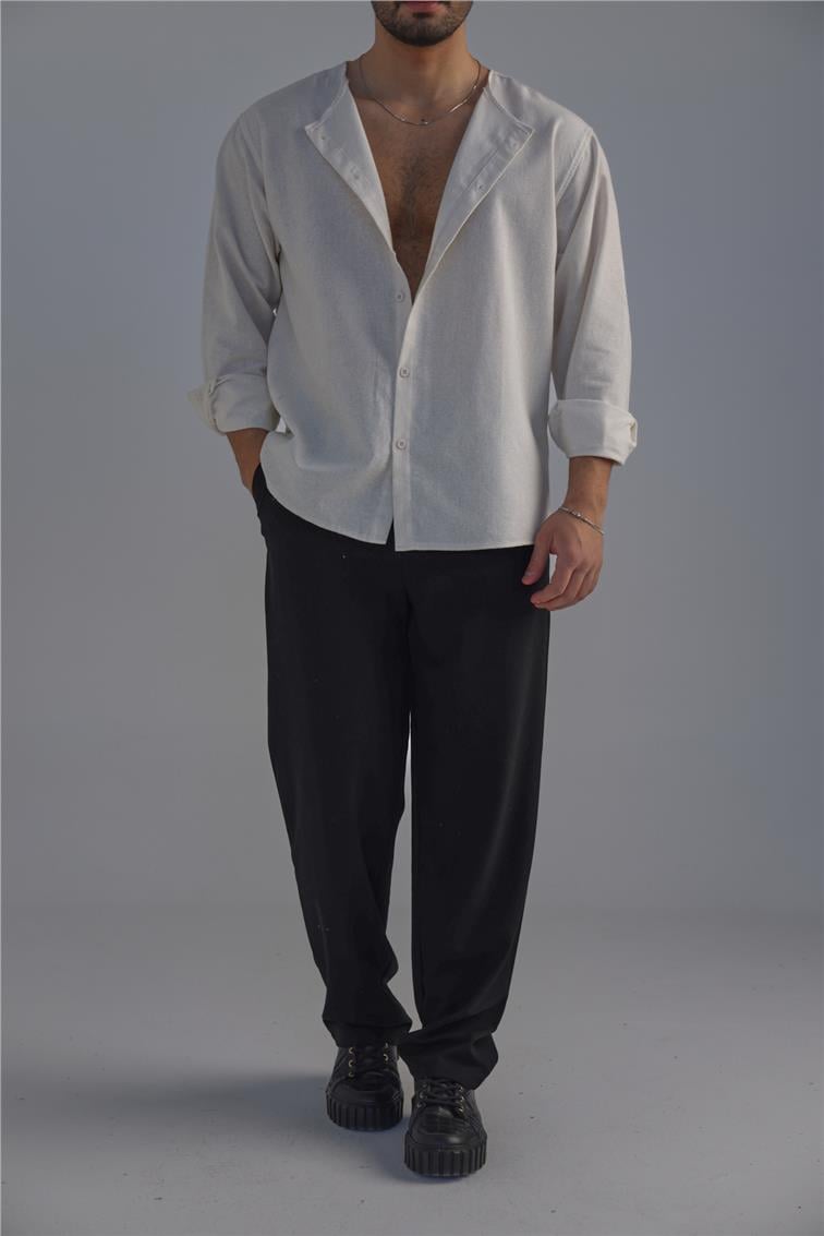 Yakasız Keten Gömlek Ekru