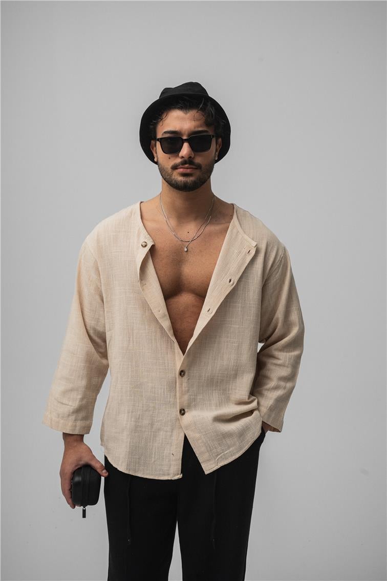 Yakasız Keten Gömlek Ekru