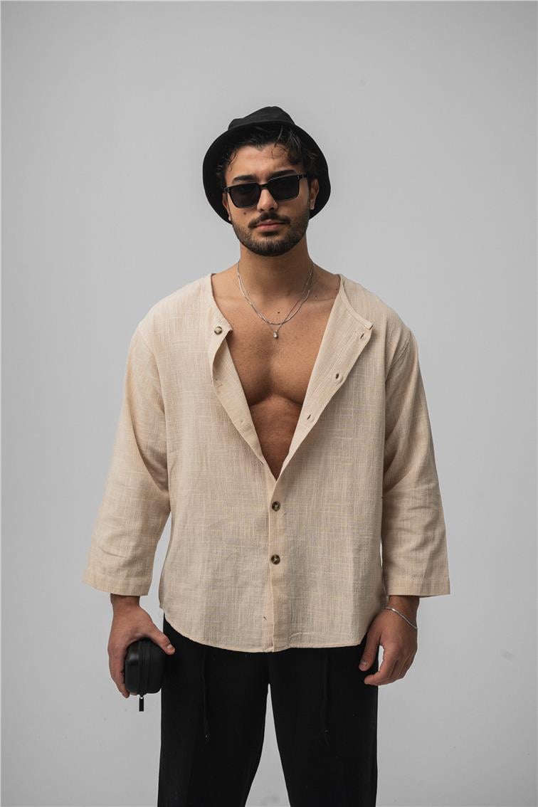 Yakasız Keten Gömlek Ekru