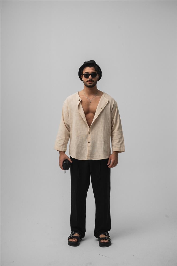 Yakasız Keten Gömlek Ekru