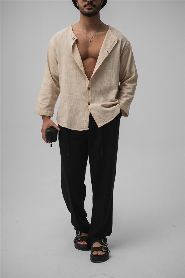 Yakasız Keten Gömlek Ekru