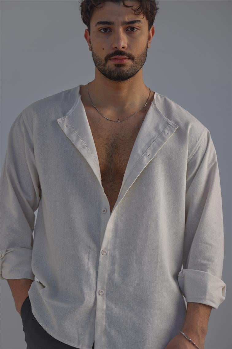 Yakasız Keten Gömlek Ekru