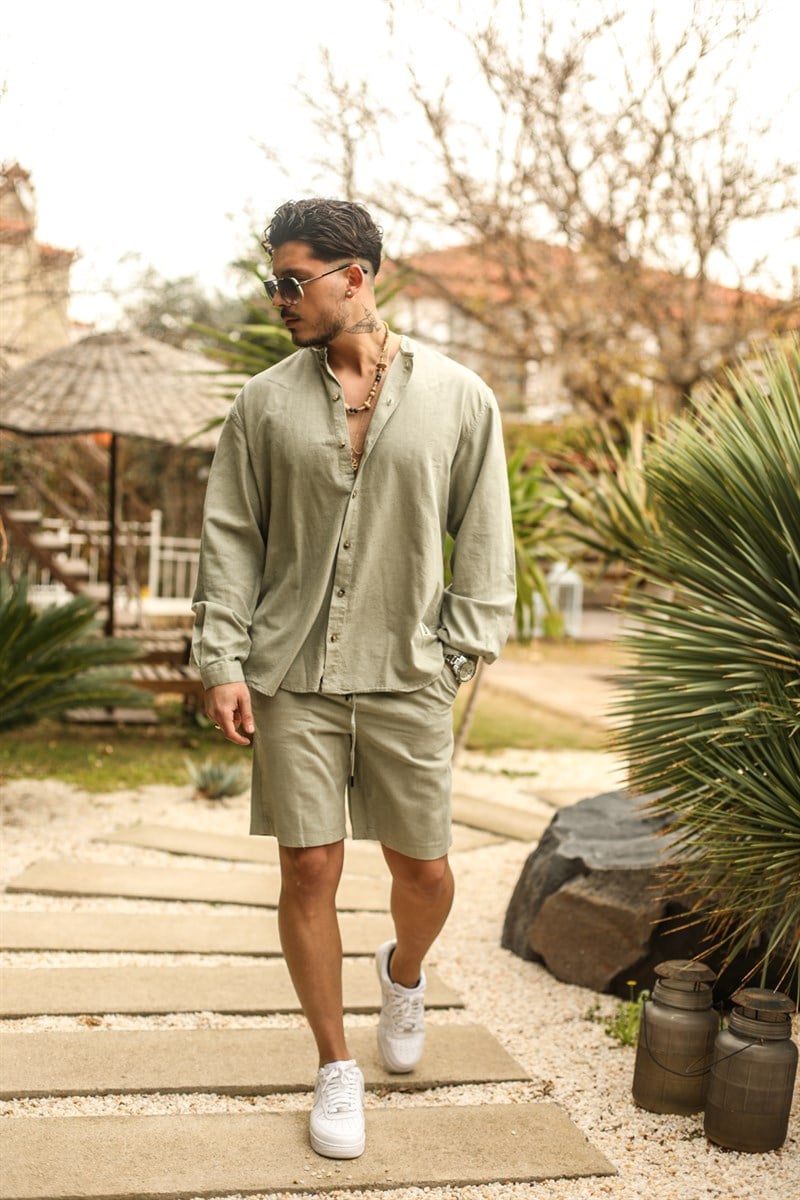 Yakasız Keten Oversize Gömlek