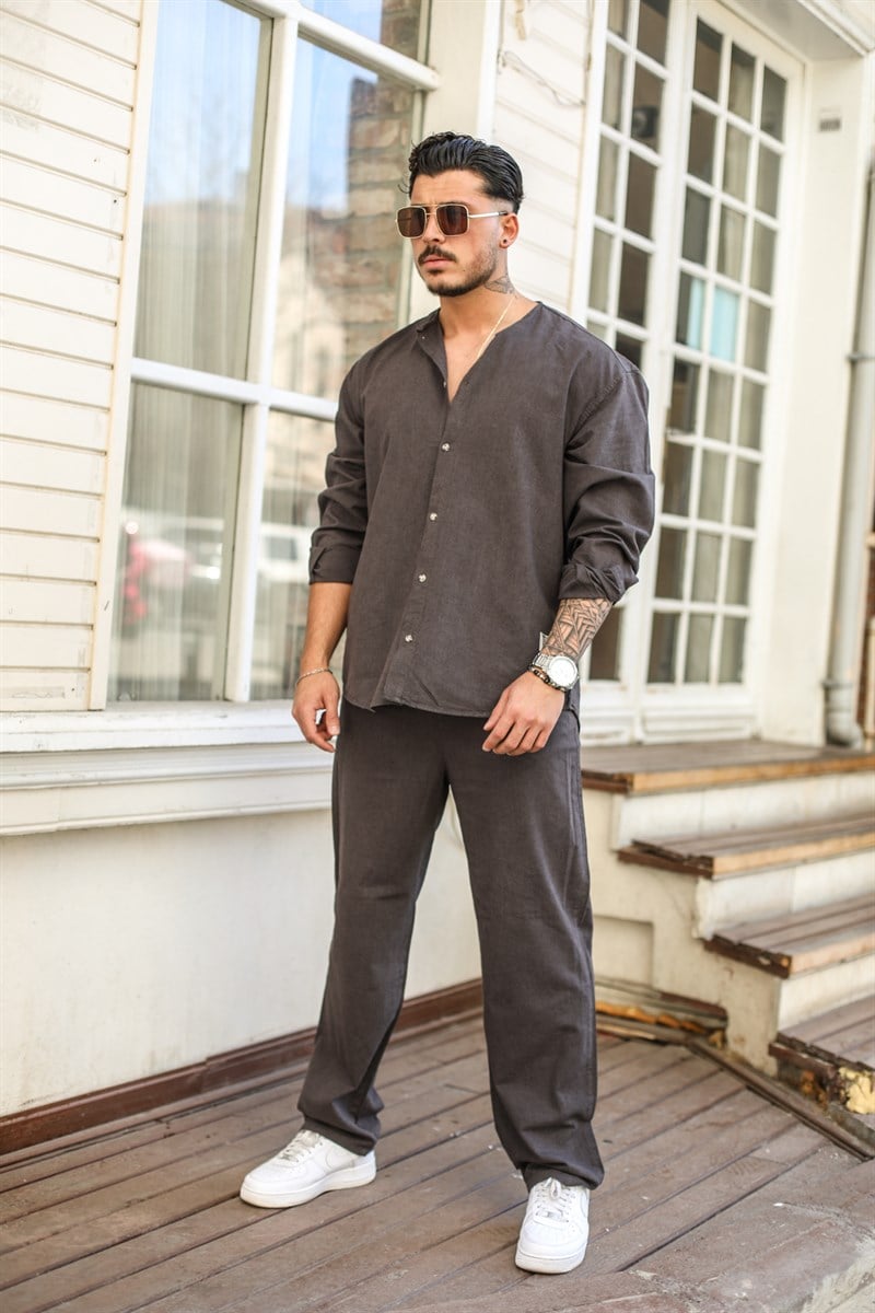 Yakasız Keten Oversize Gömlek