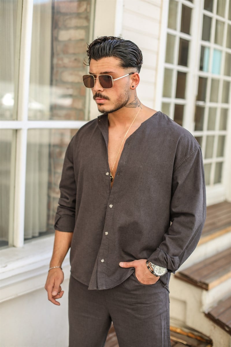 Yakasız Keten Oversize Gömlek