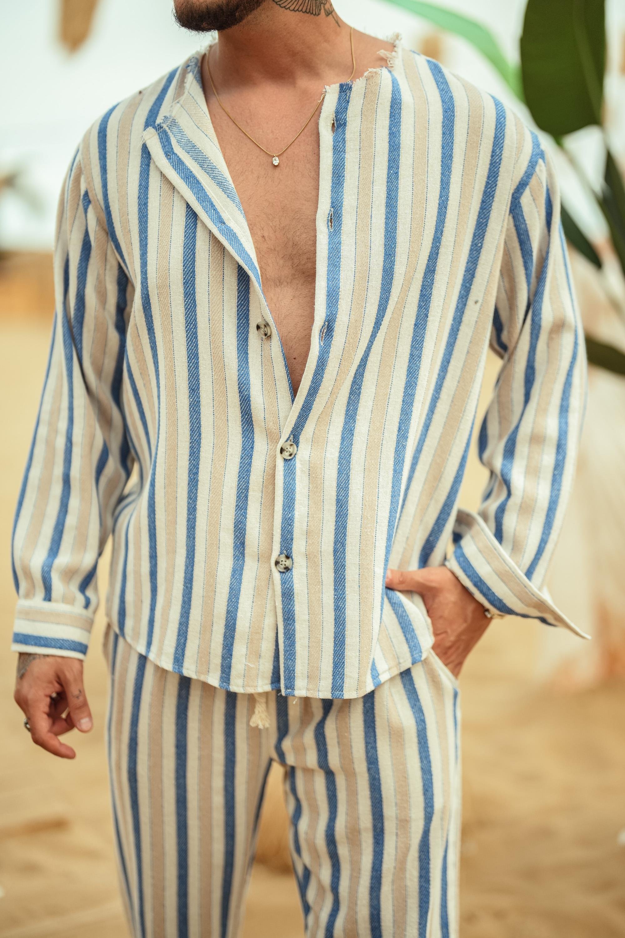 Yakasız Keten Oversize Gömlek Mavi