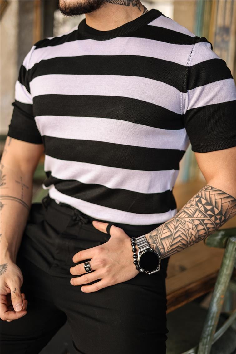 Yan Çizgili Slim Fit T-Shirt Siyah