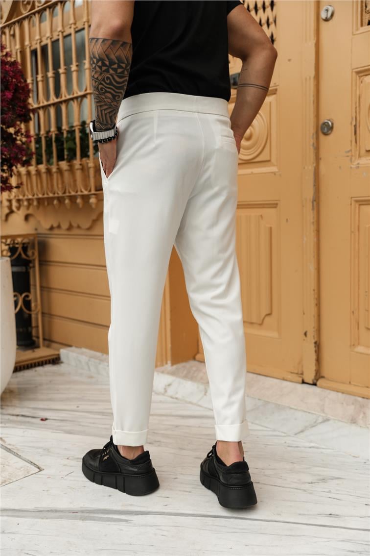 Yandan Kemerli Ayarlanabilir Klasik Kalem Pantolon Beyaz