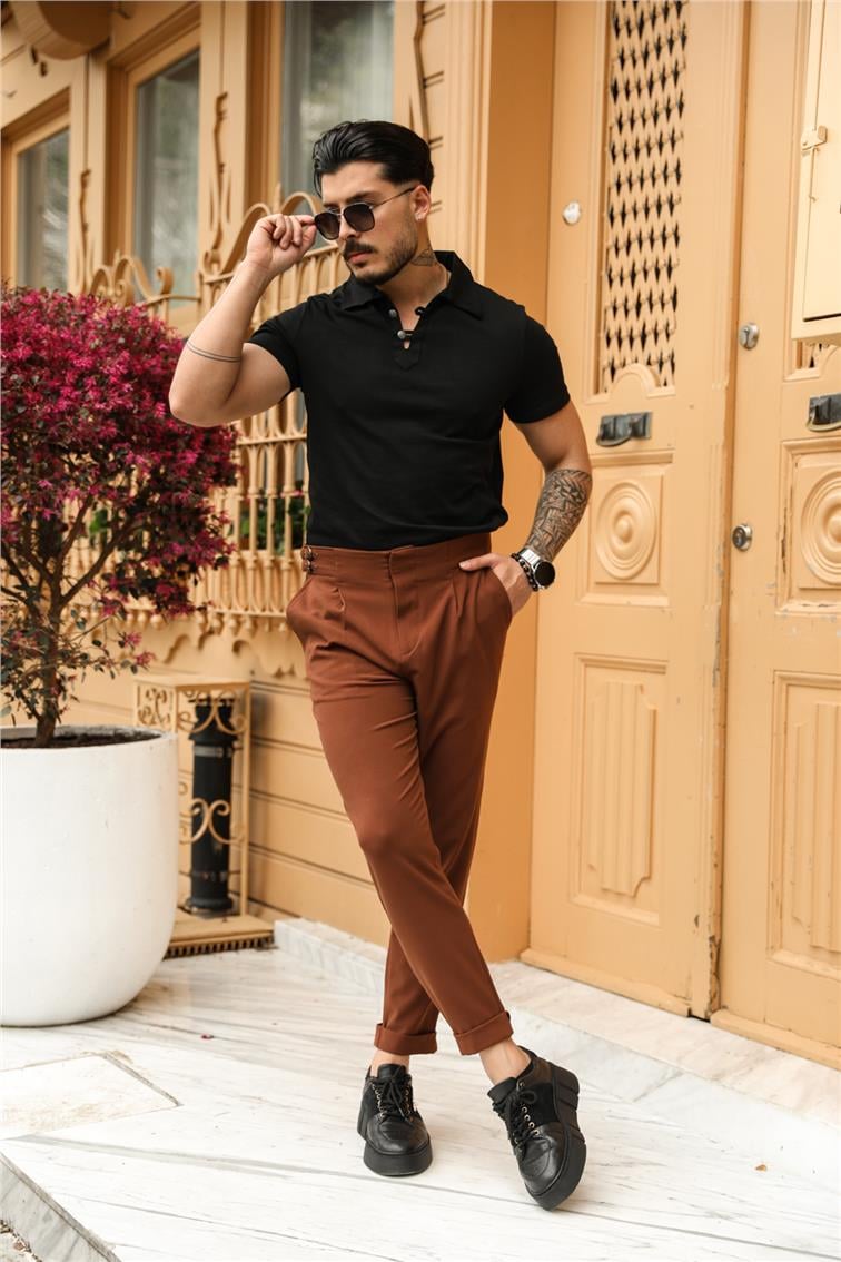 Yandan Kemerli Ayarlanabilir Klasik Kalem Pantolon Kahve