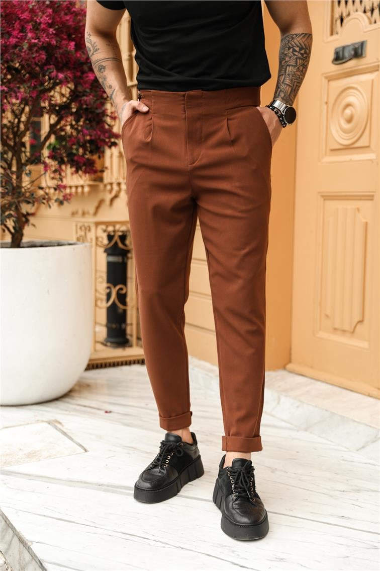 Yandan Kemerli Ayarlanabilir Klasik Kalem Pantolon Kahve