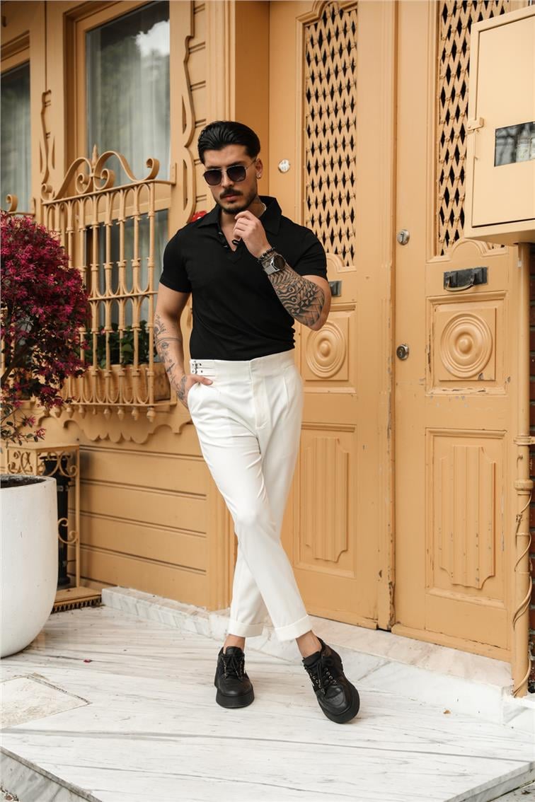 Yandan Kemerli Ayarlanabilir Klasik Kalem Pantolon Beyaz