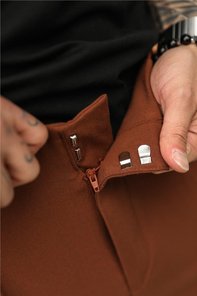 Yandan Kemerli Ayarlanabilir Klasik Kalem Pantolon Kahve