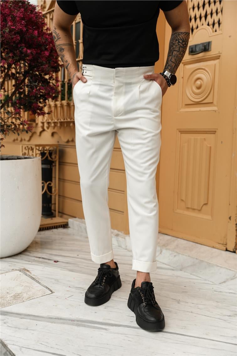 Yandan Kemerli Ayarlanabilir Klasik Kalem Pantolon Beyaz